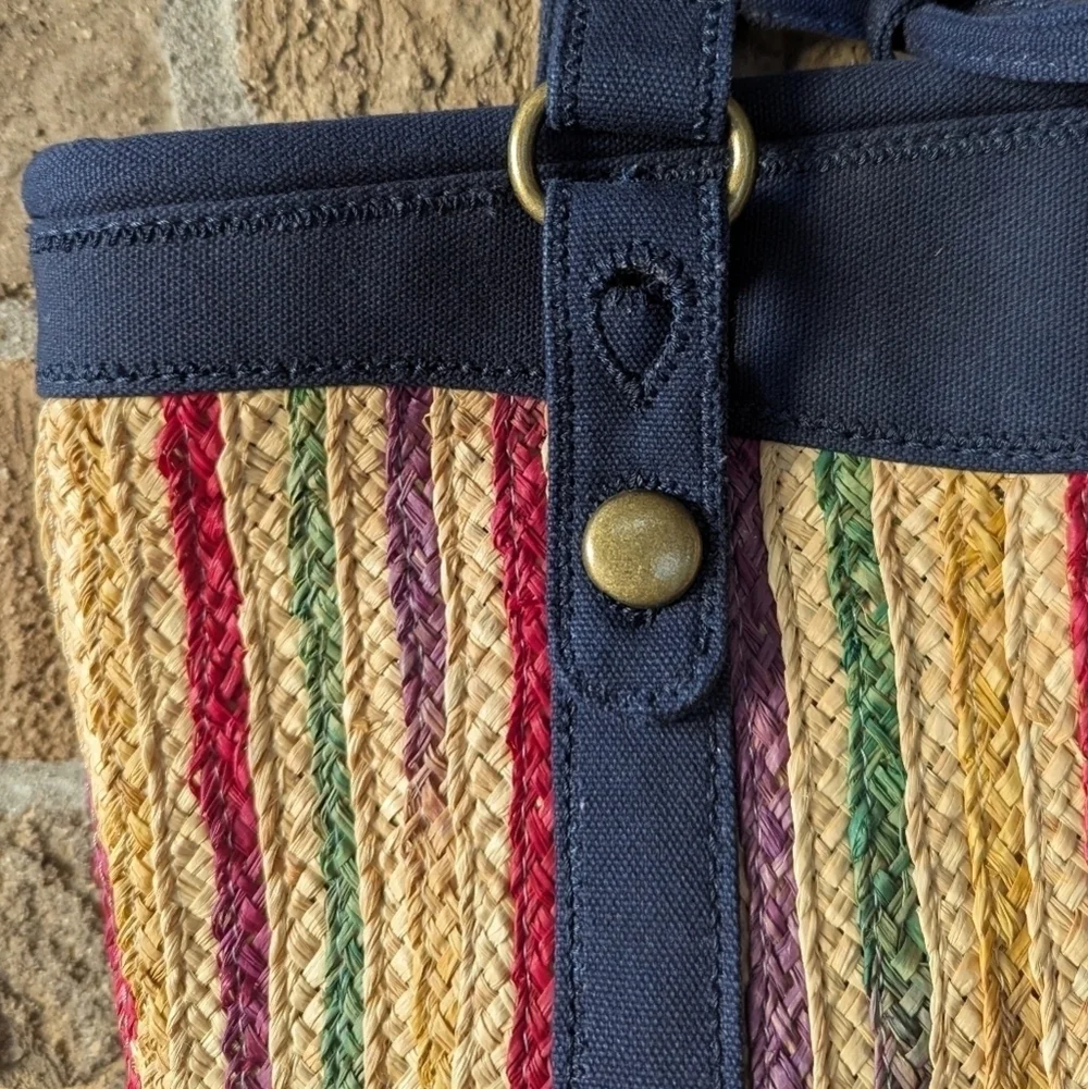 Vintage Y2K Lucky Brand Colorful Braided Straw Bucket Bag Tote Navy Blue